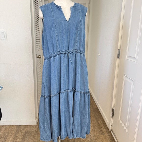 Lands' End Dresses & Skirts - Lands End XXL chambray Denim Tiered Sleeveless Maxi Dress Drawstring Waist